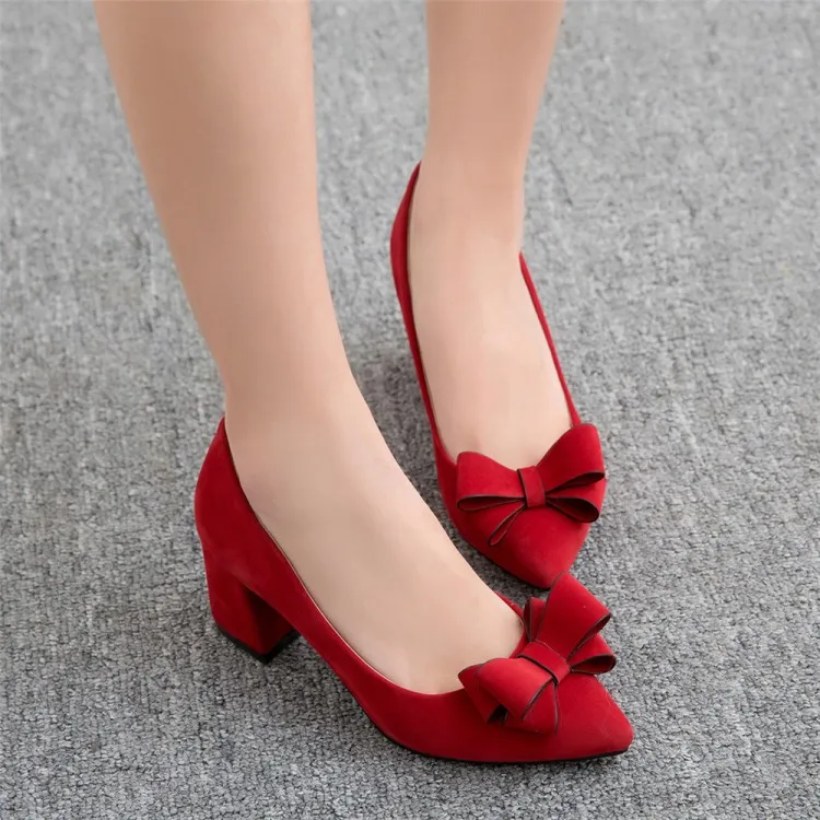 

Big Size 11 12 13 14 15 16 ladies high heels women shoes woman pumps Suede square and shallow pointed bow thick high heel