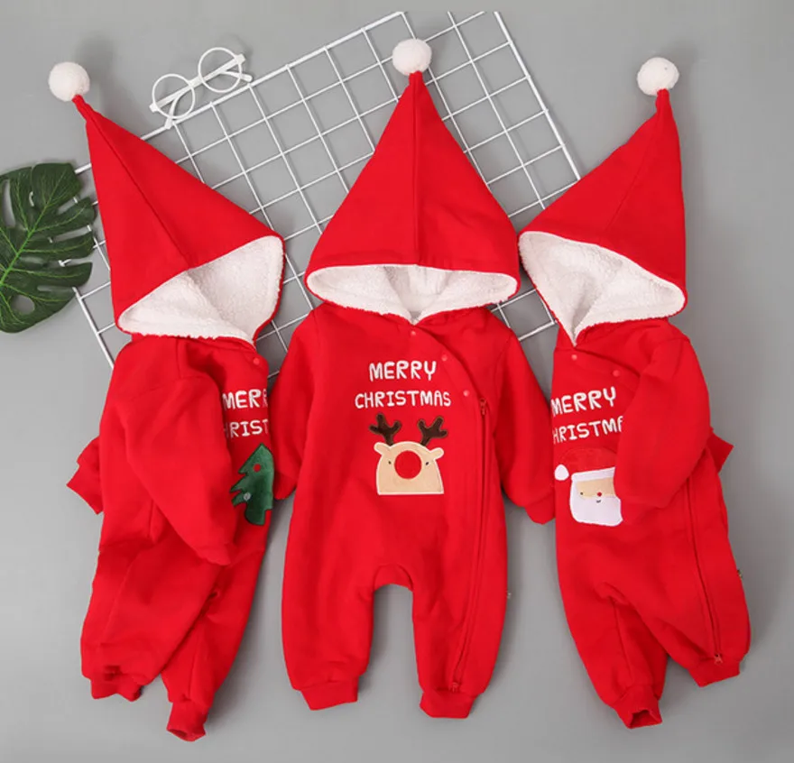 

Newborn Boy Christmas Costume Cosplay Santa Claus Girl Infant Clothing Baby Gift Set Hooded Thicken Baby Bodysuit Winter 2 Years