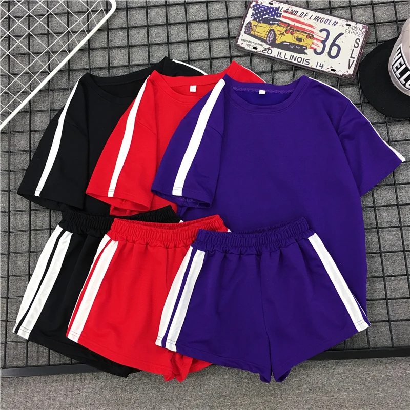 

2019 Summer Tracksuit Women Striped Short Sleeve T-shirt Top High Waist Wide Leg Shorts Women 2 Pieces Set Purple Casual Twinset