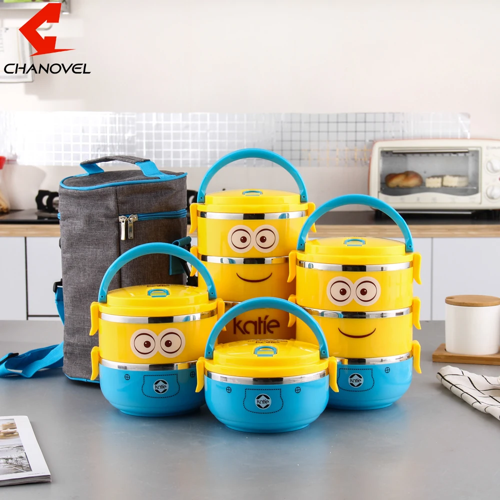 

CHANOVEL Cute Cartoon Stainless steel Lunch box For Kids With Plastic Tiffin Boxes Thermal Dinnerware Sets