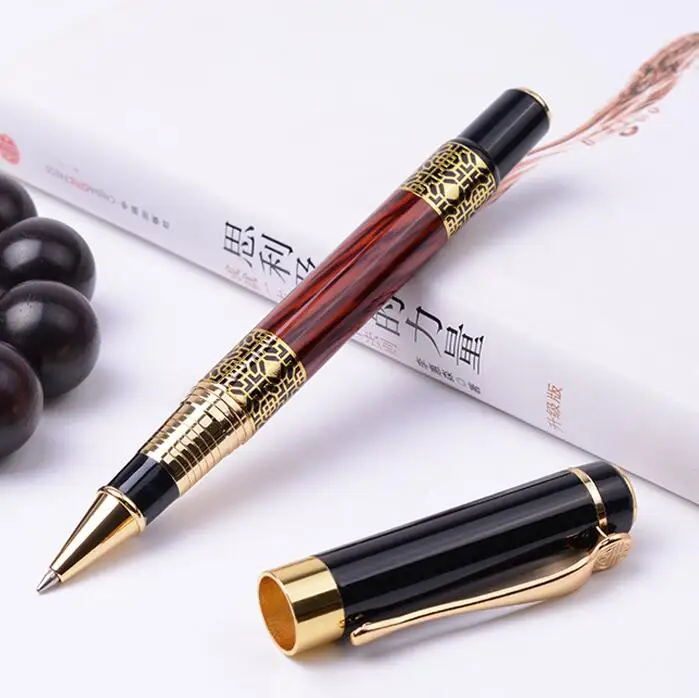 

Quality heavy metal pen red wooden Stylo and golden Embossing Rollerball luxury calligraphy writing pen