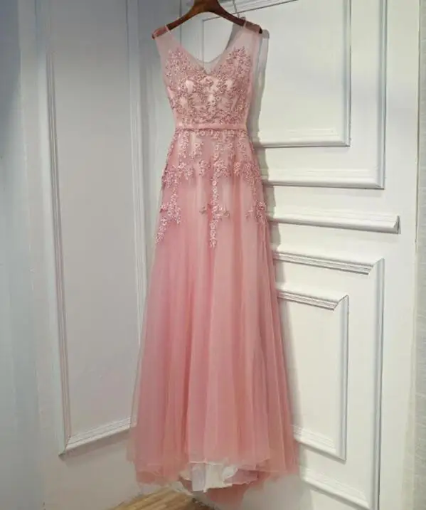 VENSANAC 2018 Lace Sash Crystals A Line Long Evening Dresses Elegant V Neck Tank Appliques Tulle Party Prom Gowns