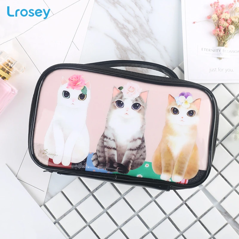Lady Cute Cat Makeup Organizers Korean PVC portable travel handbags rabbit waterproof Bag bathroom small Cosmetic Storage Bag