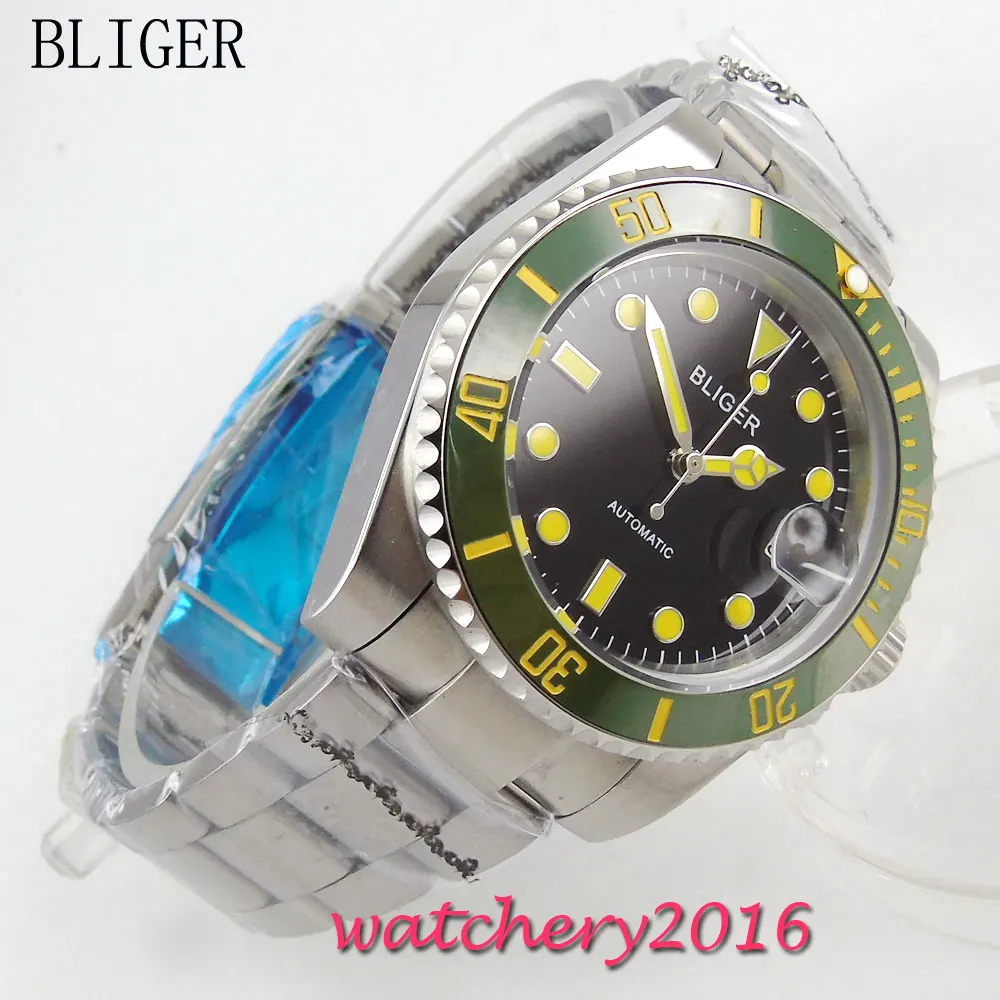 40mm Bliger Auto font b Watch b font Sapphire Crystal black dial Stainless steel Band luminous