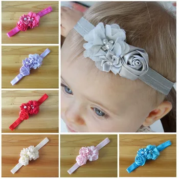 

New Cute Chiffon Flower headband With Pearl & Rhinestone With Satin Rose for newborn kids girl photography props 24set/lot