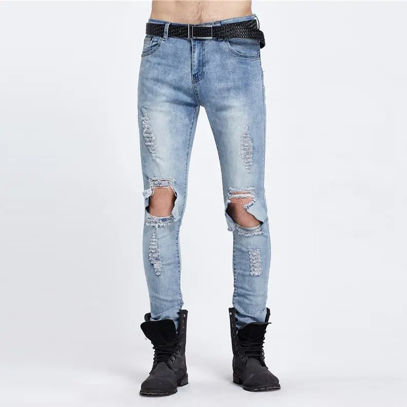 

#1952 High street Hip hop jeans men Fashion Destroy Wash Distressed Skinny ripped jeans for men Moto jeans Pantalones hombre