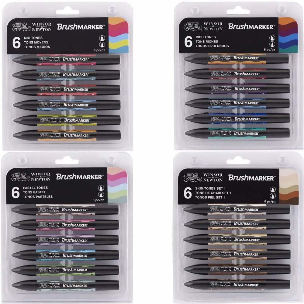 Winsor& Newton, набор кистей, 6 цветов, 12 цветов, мягкие кончики кистей, две кончики кистей, маркеры на спиртовой основе, художественные ручки