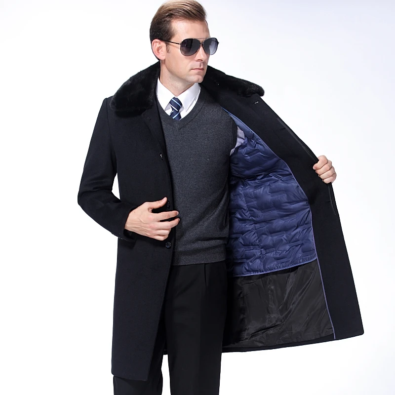 

Real Fur Collar Winter Thick Overcoat Jackets Casual Men's Wool Blend Plus Velvet Coats Male X-Long Solid Color Top Quality
