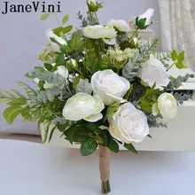 JaneVini искусственный белый цветок Свадебный букет невесты Брошь для невесты шелковые зеленые листья цветы для свадебного букета Bukiet