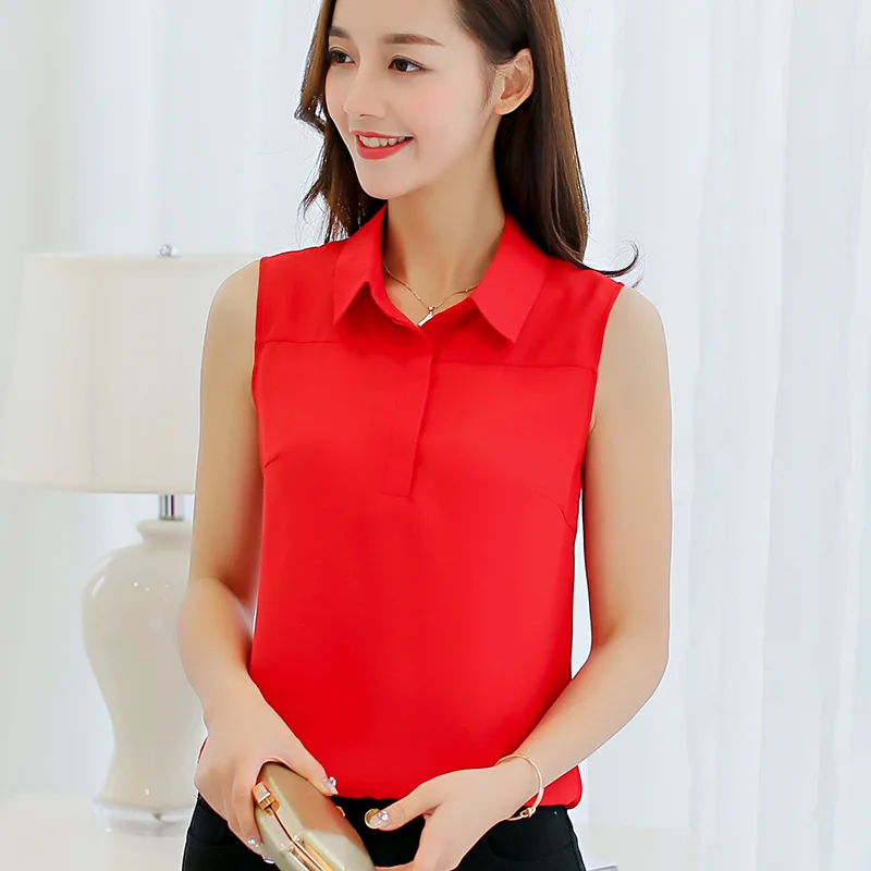 Women Tops Sleeveless Casual Chiffon Blouse Female Turn down Collar