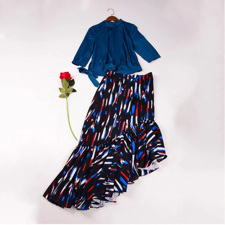 2019 Nieuwe Runway Sets Maxi Rokken Korte Chiffon Blouses Vrouwen Lange Kleurrijke Print Rokken Blauw Crop Tops Elegante Partij Kleding 2019 Nieuwe Runway Sets Maxi Rokken Korte Chiffon Blouses Vrouwen Lange Kleurrijke Print Rokken Blauw Crop Tops Elegante Partij Kleding