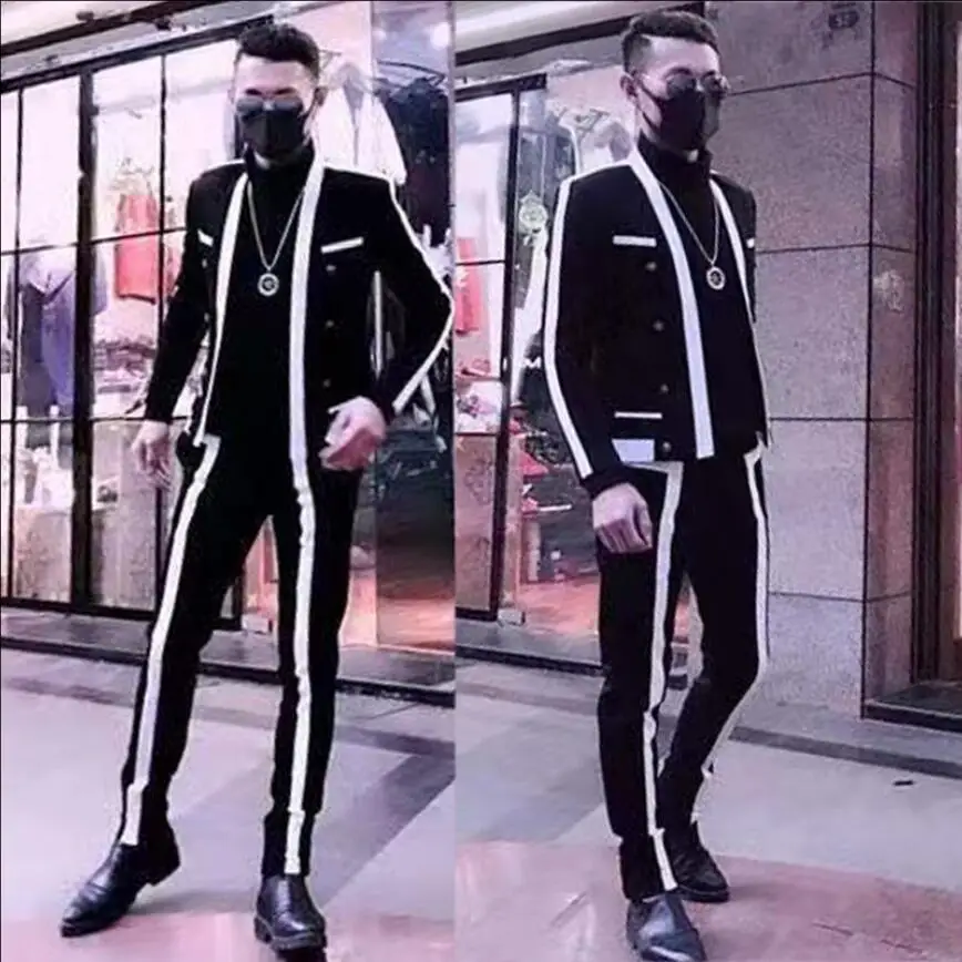 

Men Suits Black and white stitching nightclub DJ tide star singer suits fashion self-cultivation high-quality small suits 2019