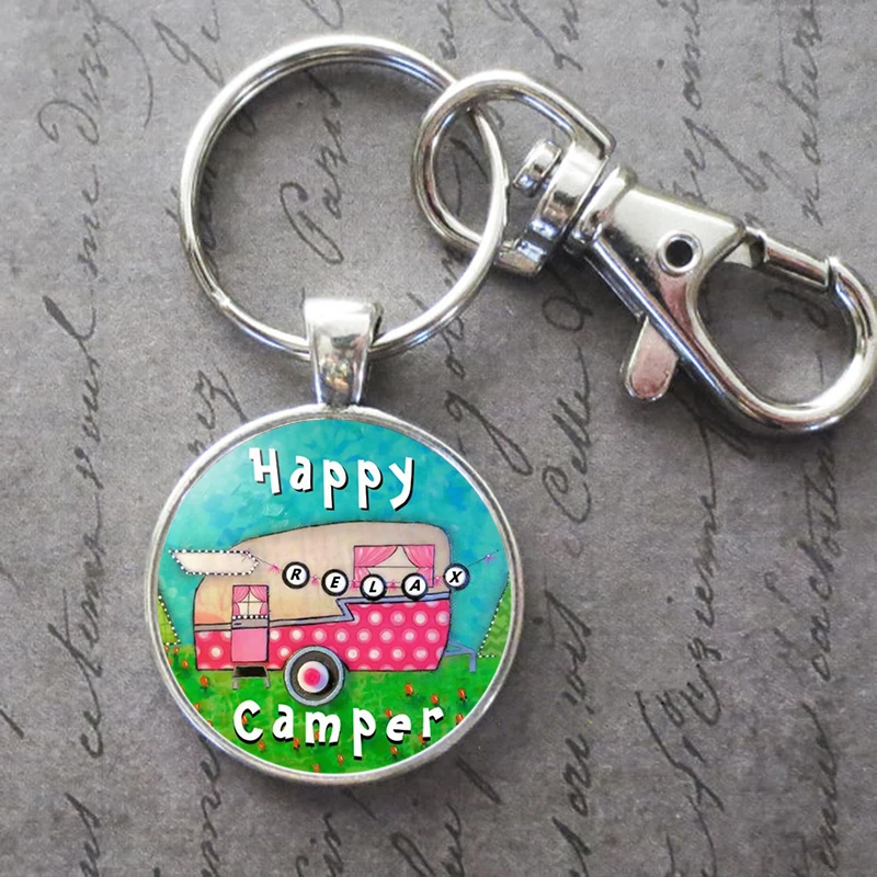 Happy Camper Silver Key Chain Camper Trailer Photo Pendant Car Key