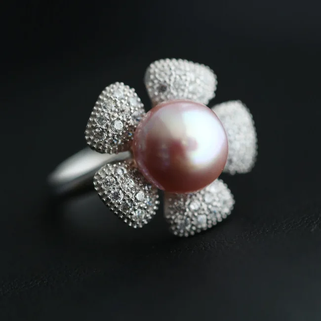 

Natural freshwater pearl Wedding Ring 925 Silver Sunflower Fine Elegant jewelry Birthstone Gift