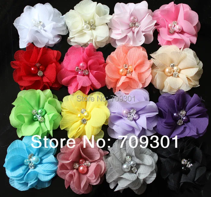 

Best Offer 200pcs/lot, wholesale 2" Chiffon Flower w/rhinestone pearl center for girls Child flower headband, 20 colors