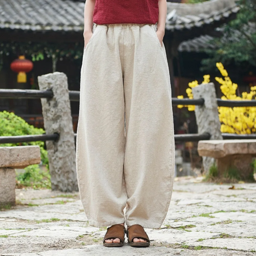 LZJN 2019 New Women Solid Color Pockets Loose Pants Vintage Elastic Waist Cotton Linen Wide Leg Full Length Pants (24)
