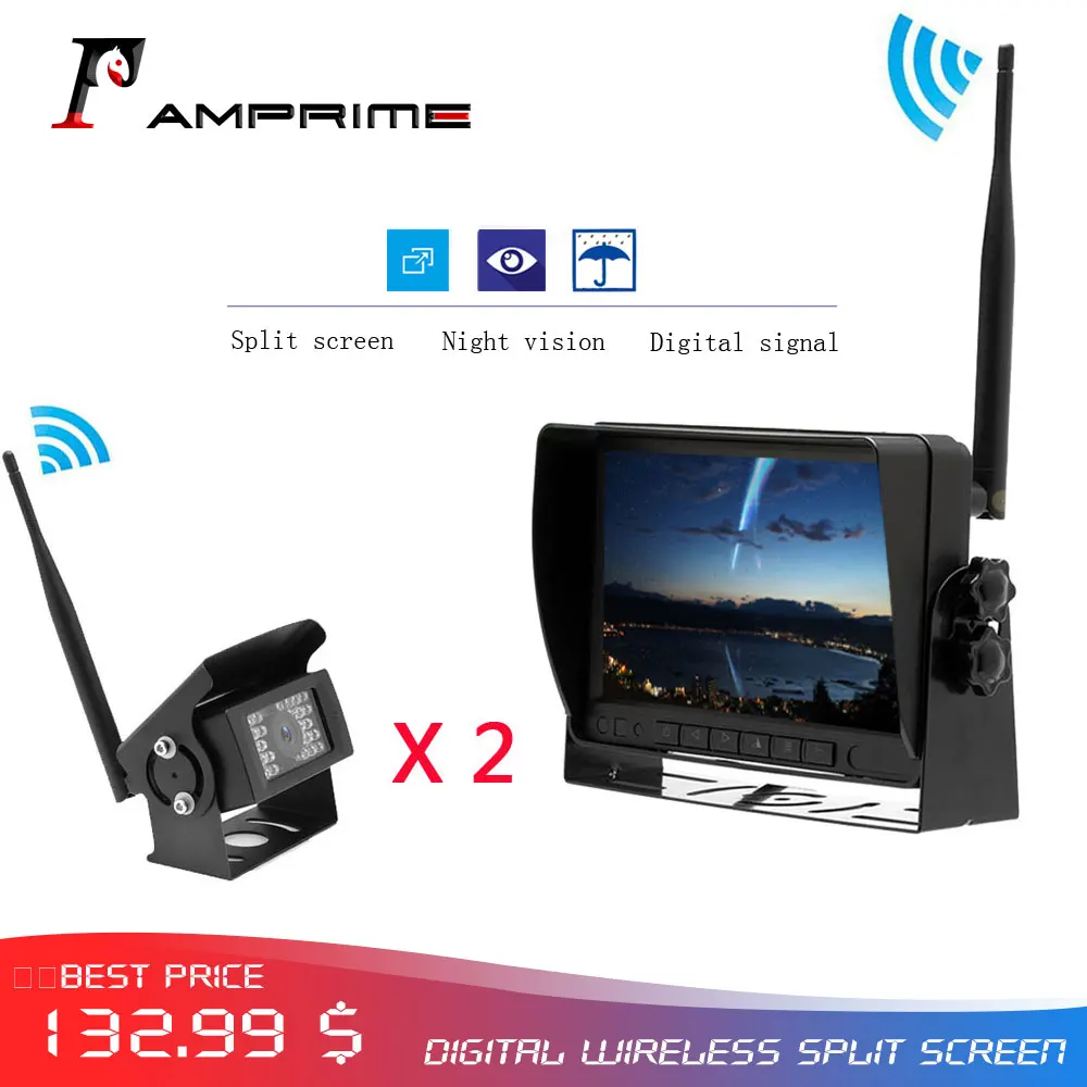 

AMPrime Digital Wireless Car Rear View Reversing monitor Waterproof IR Backup Cameras Split Screen for Truck/Bus/Caravan/Traile