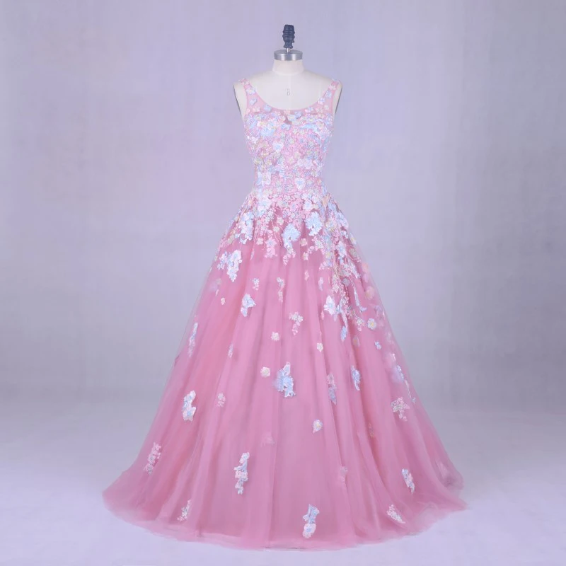 

Romantic Floral Wedding Dress Real Photo Scoop Applique with Flowers Pink Formal Dress Custom Made Bridal Gown