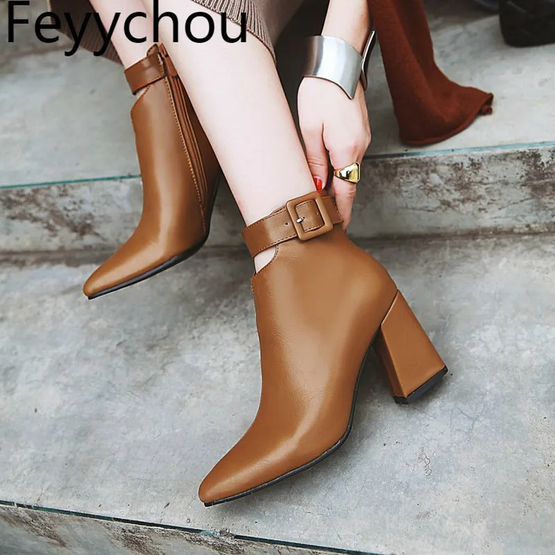

Women Boots Autumn Winter High Heel Warm Pointed Toe Pu Zip Ankle Buckle Chelsea Shoes 2018 Sexy New Fashion Black Beige Yellow