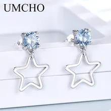UMCHO Real 925, висячие серьги из серебра 925 пробы для женщин, модные серьги со звездами, голубой топаз, драгоценный камень, вечерние, рождественский подарок для девочки