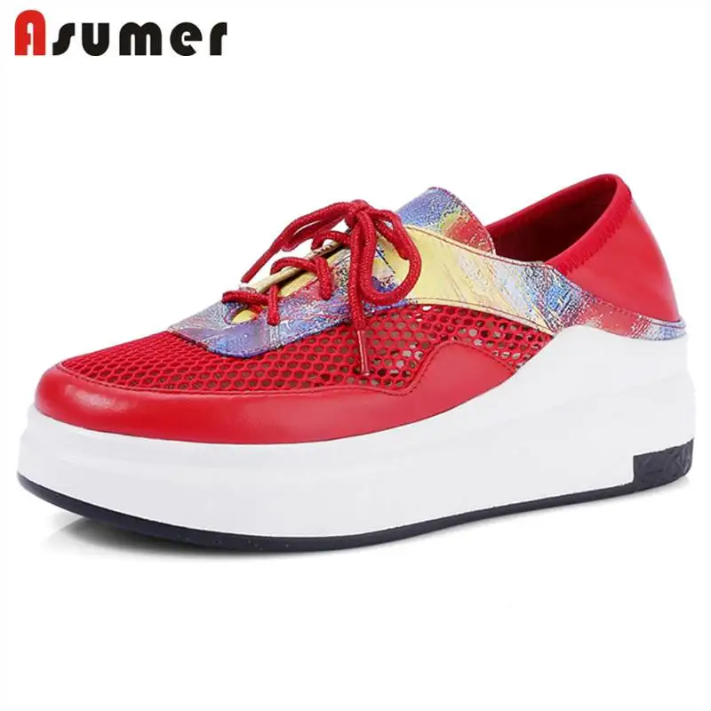 

ASUMER 2018 NEW fashion loafers flat platform women mesh+genuine leather lace round toe patchwork summer shoes casual shoes
