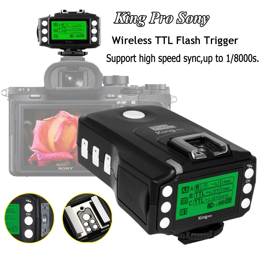 

Pixel KING PRO Wireless TTL Flash Trigger Transceiver 1/8000S LCD Screen for Sony Mi Shoe DSLR Cameras A7 A7R A7RII A6300 A6500