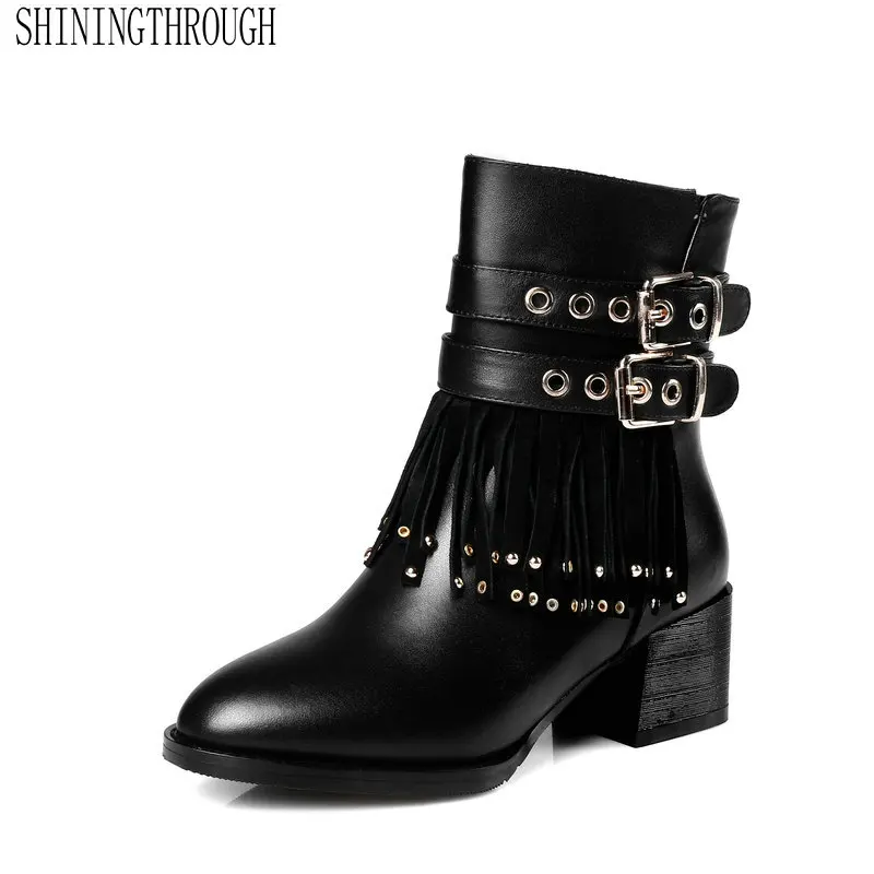 

Genuine Leather Ankle Zipper Women Boots Fashionable Metal Buckle Accessories High Heel Shoes Spring Autumn Party Ladies Shoes