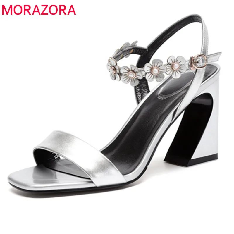 

MORAZORA 2018 new arrival women sandals genuine leather summer shoes simple buckle flower party wedding shoes high heels shoes