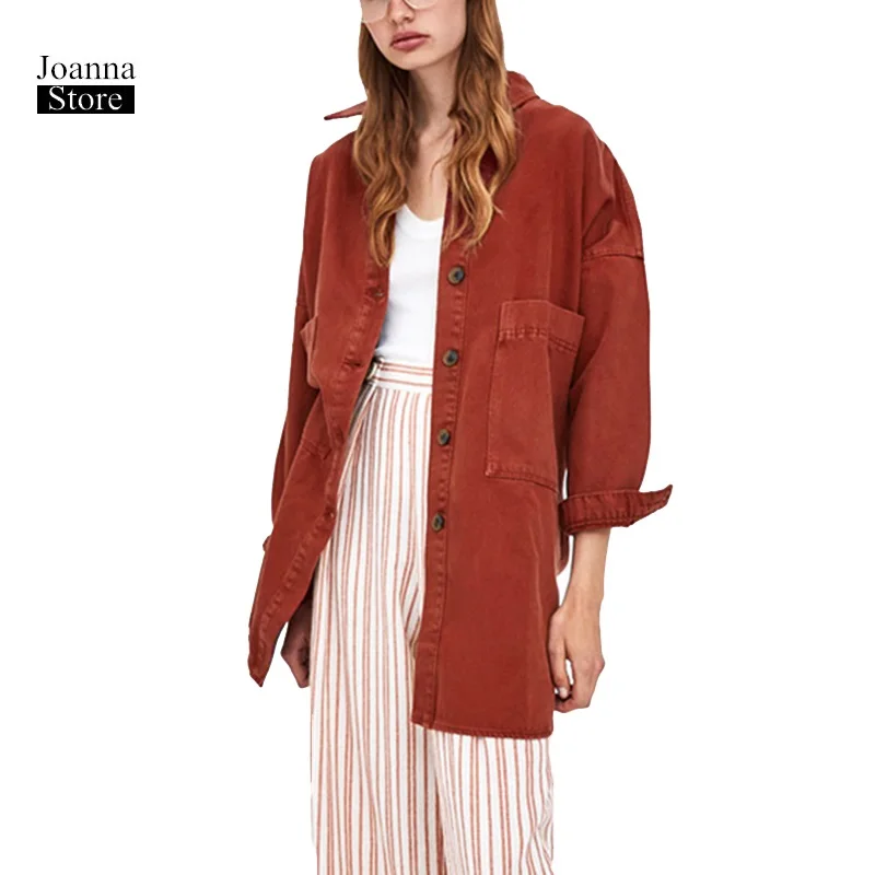 

Autumn Jeans Jacket Women Lapel Single Breasted Long Coat Loosen Big Pocket long shirt Denim Jacket Plus Size Spain Clothing New