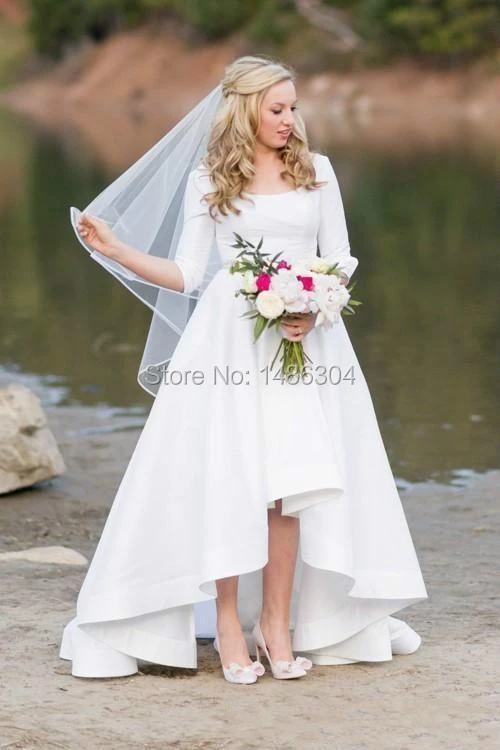 2019 Vintage Cheap Bohemian Beach Wedding Dresses 12 Sleeves Hi-Lo Scoop Neck Wedding Dresses Bridal Gowns robe de mariée (2)