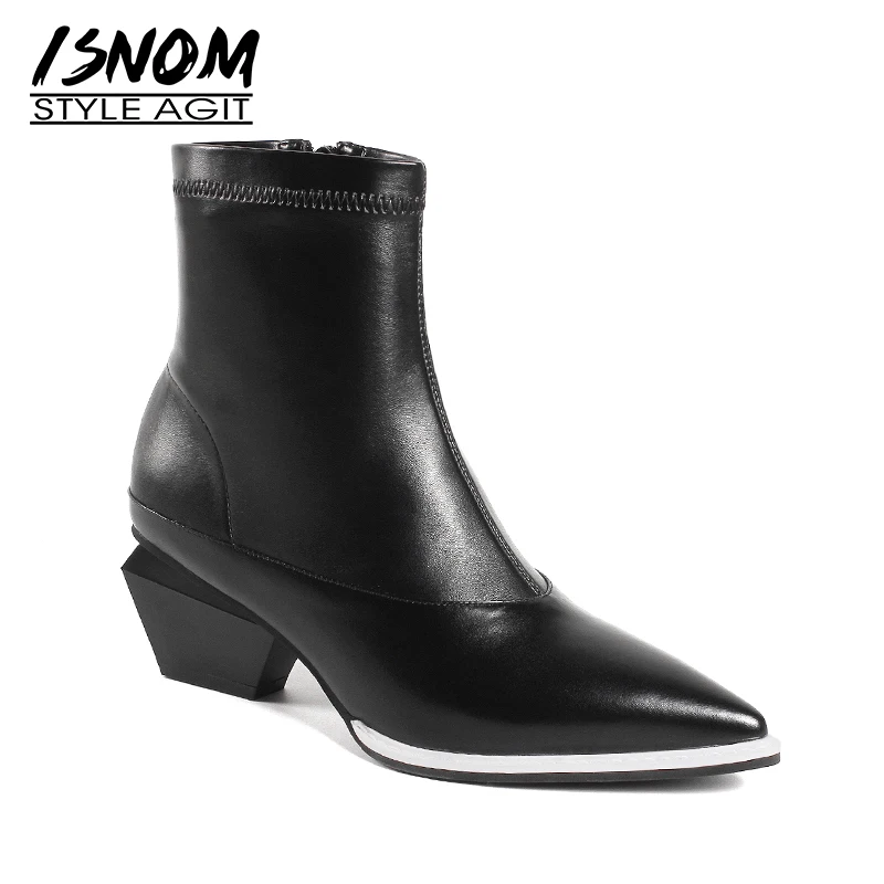 

ISNOM Unusual High Heels Women Ankle Boots Pointed Toe Footwear Zip Female Boot Cow Leather Shoes Woman 2018 Autumn White New