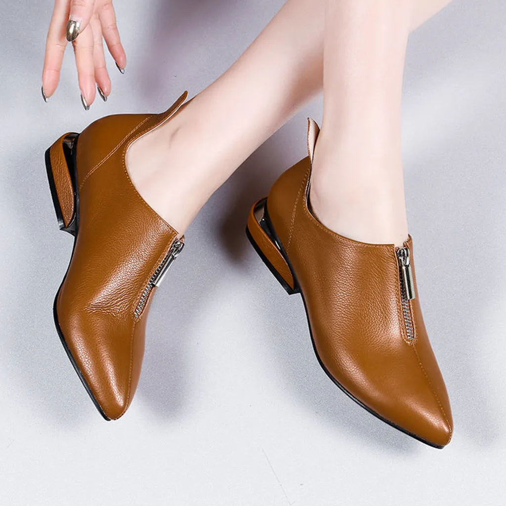 JAYCOSIN/Новинка года; женские летние модные однотонные кожаные туфли на низком квадратном каблуке с острым носком на молнии; MAR27