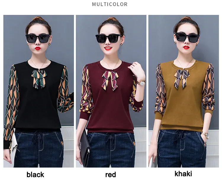 2019 Fall Patchwork Blouse Women Tops Plus Size Print Shirts Femme Tops Casual Ladies Shirts Bow Long Sleeve Blusas Mujer (1)