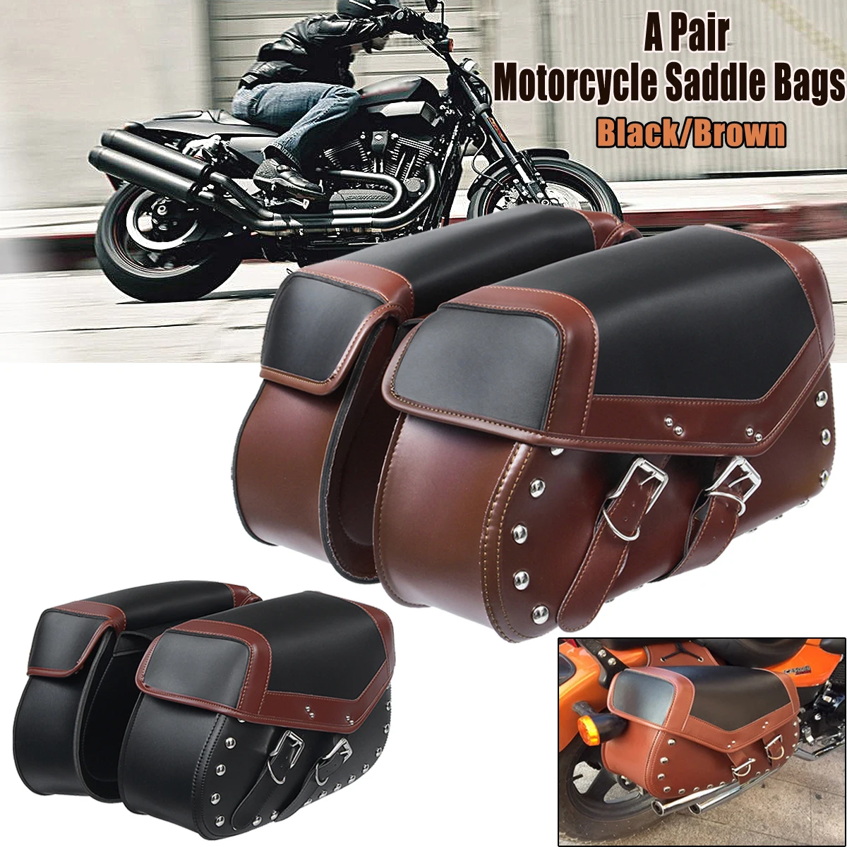 

Pair Universal Motorcycle Saddle Bags Bike Side Storage Fork Tool Pouch for Harley for Honda