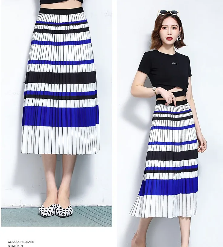 Плиссированные юбки полосатые сплайсинга шифон пакет ягодицы модные длинные юбки