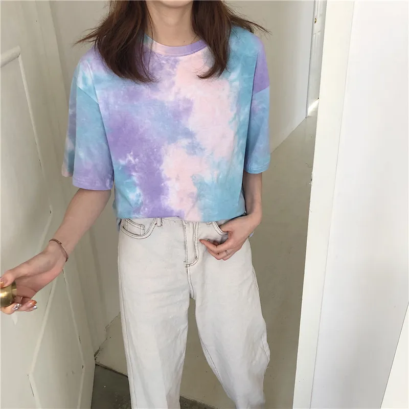 CBAFU tie dye футболка женская летняя топ Корейская одежда Повседневная Свободная футболка femme ulzang топы с принтом Лоскутная футболка D559