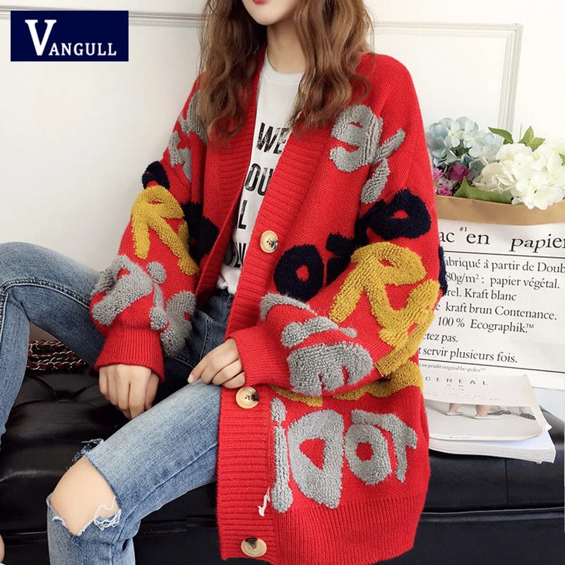 Women's Letter Print Knit Sweater - 2019 Spring Autumn New Korean Long Sleeve Single Breasted Thick Loose Cardigans by VANGULL image 2