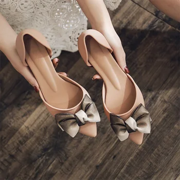 

Women Shoes Bowtie Two Piece Slip On Pumps Ladies Pointed Toe Shallow Jelly Shoes Mid Heel Comfortable Female Footwear Summer