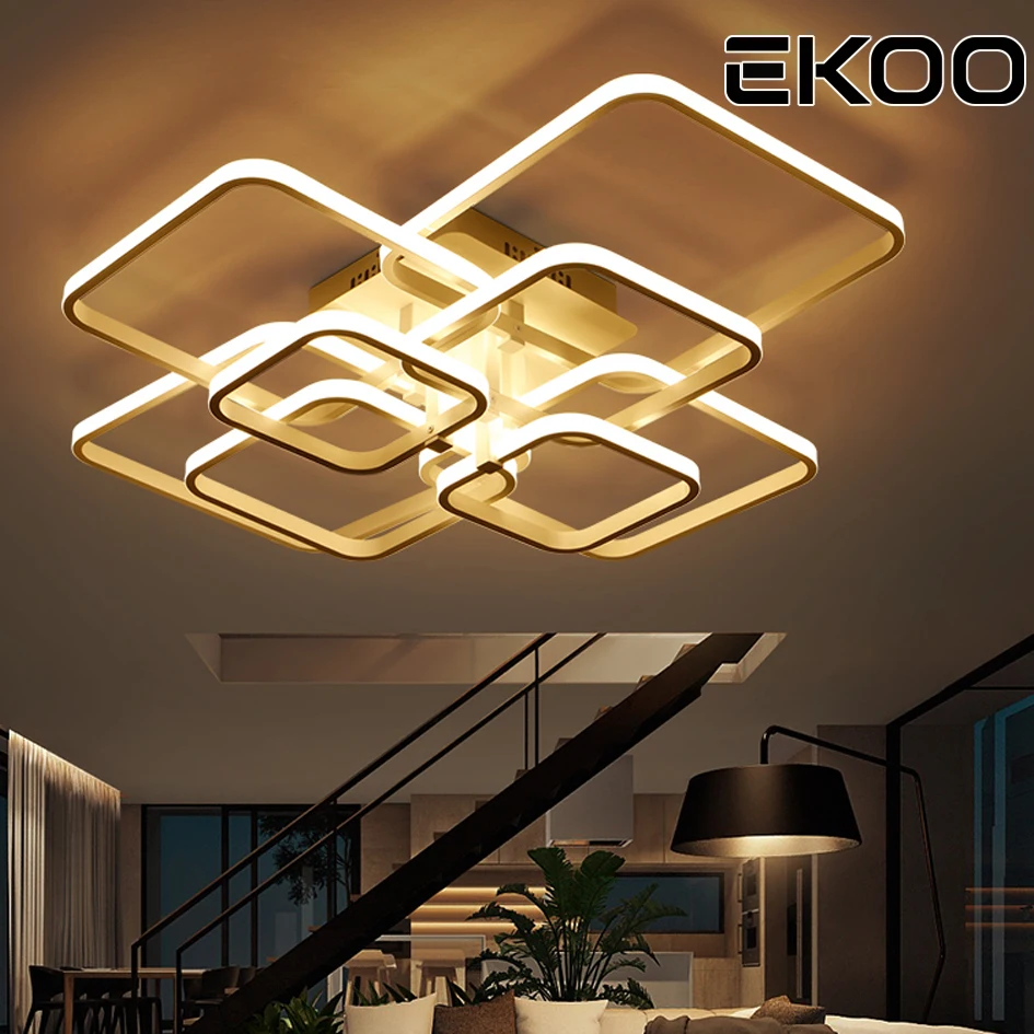 

EKOO Art Deco Modern Minimalist Geometric Rectangular Square White Dimmable Large Foyer 220V Led Ceiling Salon Living Room