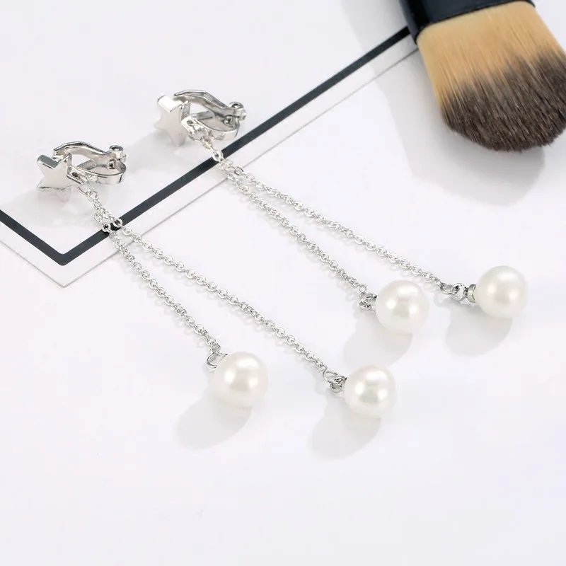Длинные серьги женские сережки с искусственным жемчугом Клипсы