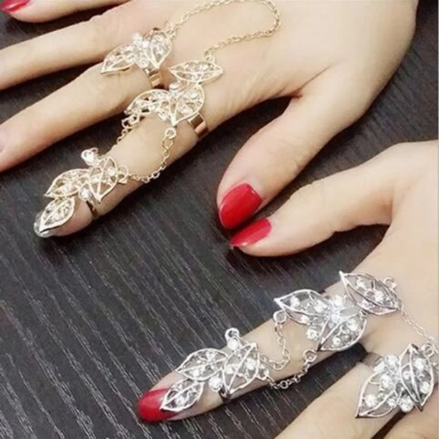 Estilo Vintage Antiguo Color Plata Cristal Hoja Doble Anillo de Dedo