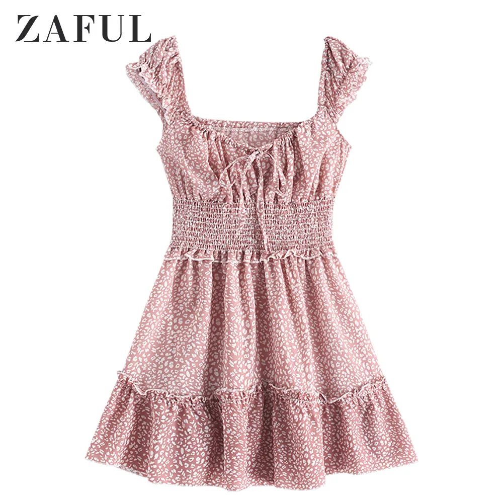 

ZAFUL Smocked Printed Drawstring A Line Dress