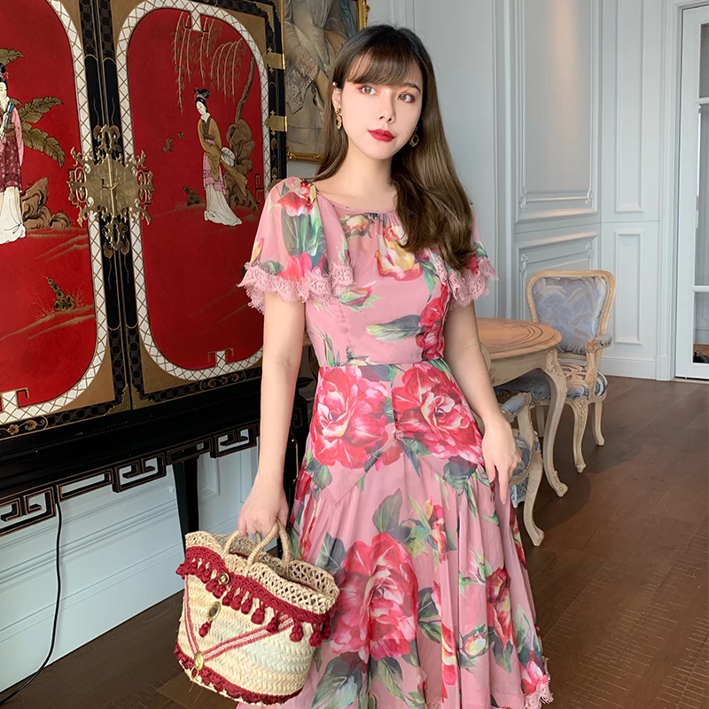 

LYNETTE'S CHINOISERIE Summer Romantic French Vintage Slim Waist Rose Print Ruffle Lace Patchwork Flowing Dresses