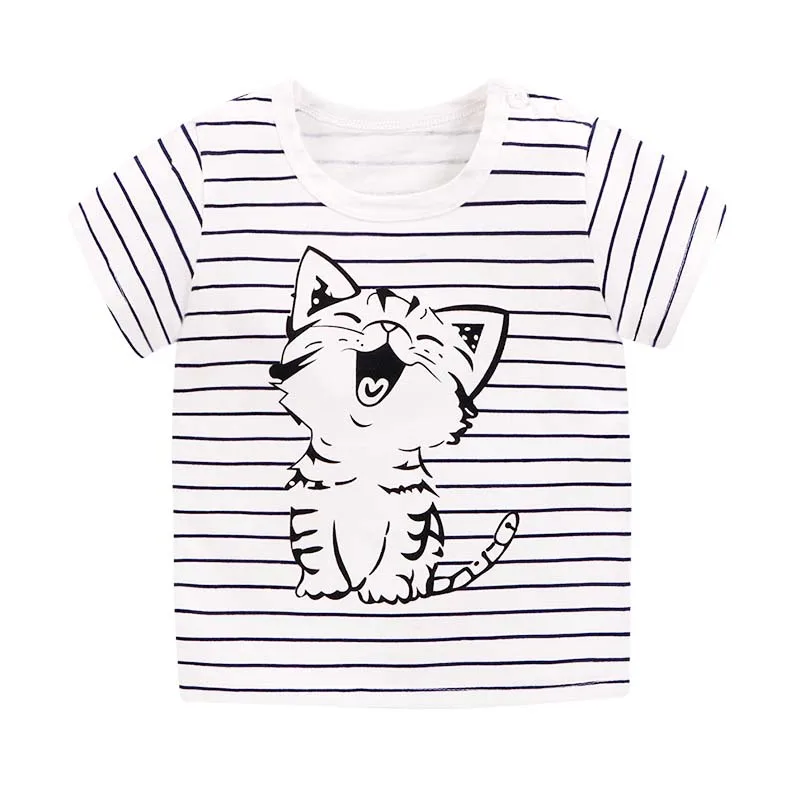 

Children's T-shirt Cartoon Cute Cat / Rabbit / Panda / Dog Pattern Stripe O-neck Cotton Short Sleeve Tops Tee for Toddler Kid