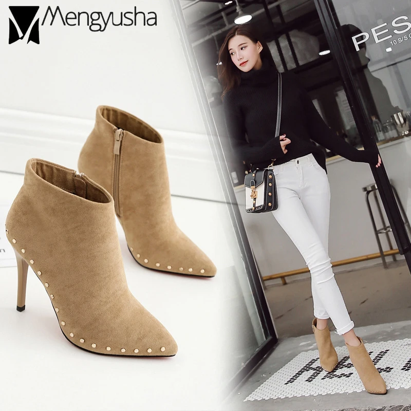 

Rivets Studded thin heels ankle botas mujer pointed high heels boots brown suede velvet short booties women shoes winter plush