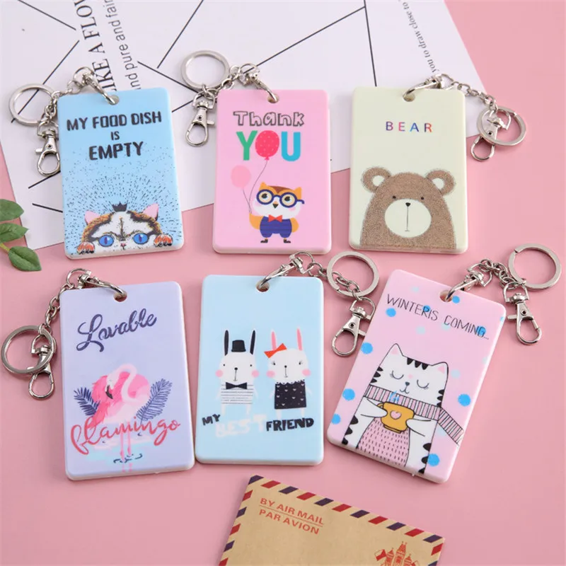 

Cartoon Plastic Card Holder Key Chain Women Bussiness Card Holders Kids Lolita Cute Pink Leopard Flamingo Card Protection Cover