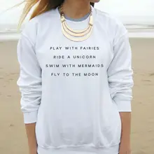 Играть с Феи езды единорог с русалками печати женщин Толстовка Джемпер толстовки для леди Забавный черный белый серый TZ-117