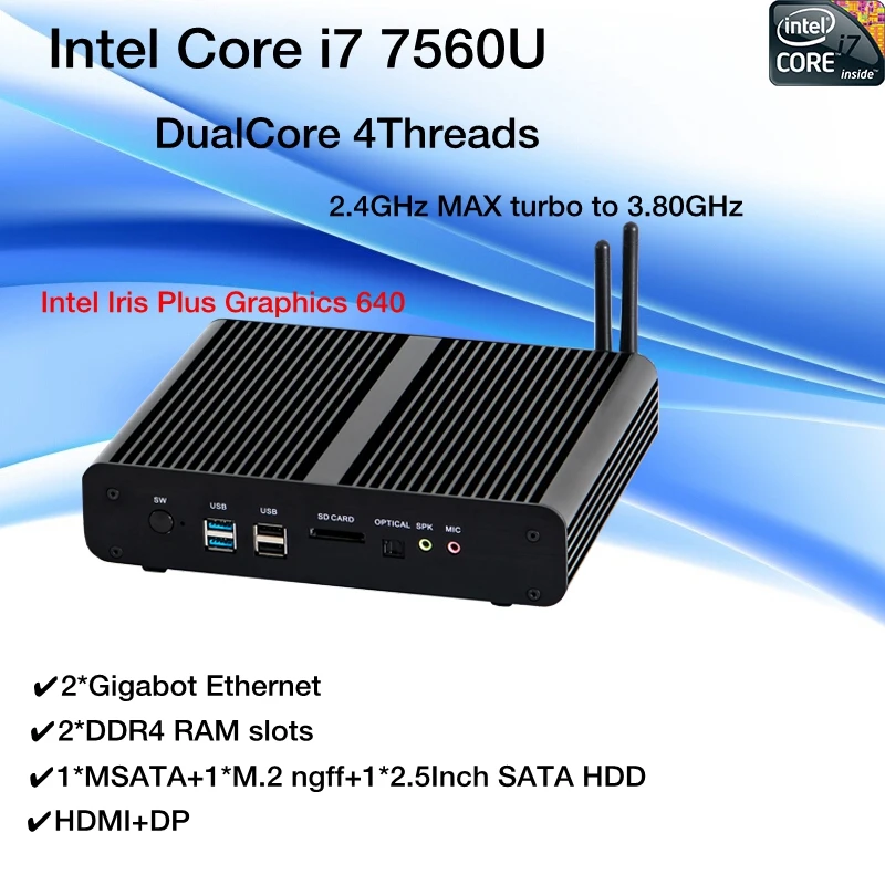 New KabyLake Intel Core i7 7560U/7660U 3.8GHz Fanless Mini PC Optical port 2*lan Intel Iris Plus Graphics 640 DDR4 Barebone PC New KabyLake Intel Core i7 7560U/7660U 3.8GHz Fanless Mini PC Optical port 2*lan Intel Iris Plus Graphics 640 DDR4 Barebone PC