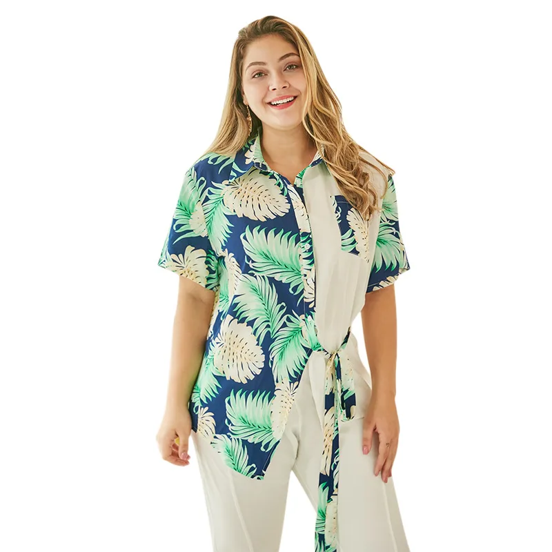 

WHZHM Summer Plus Size 3XL 4XL Lacing Leaf Printed Women Tees Long Tops Female Patchwork Sashes Turn-down Collar Ladies tshirt