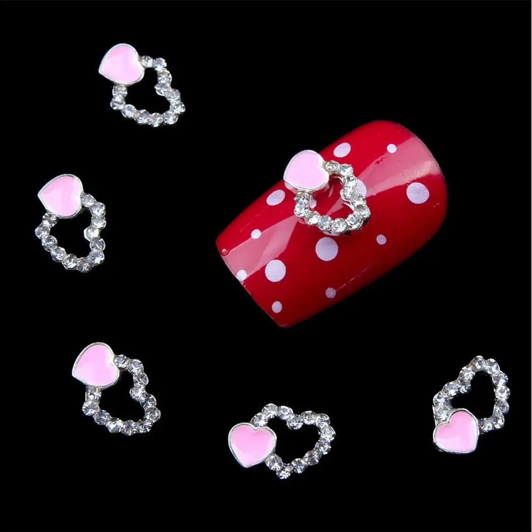 

10psc Heart Shape Rhinestone 3D Nail Art Decorations Silver Alloy Nail Charm Use with Glue Other Gel System.